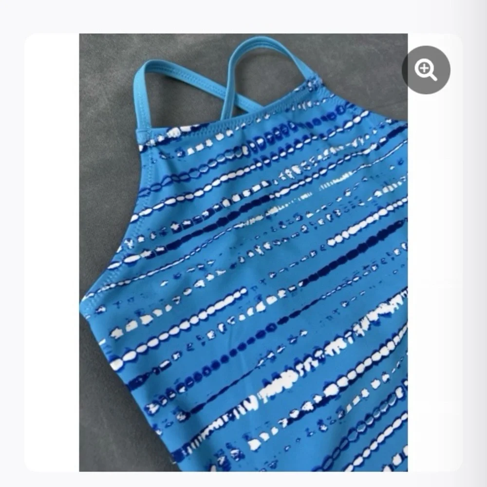 LANDS END Blue Striped Kids 1 Piece Swimsuit Girls Medium 8